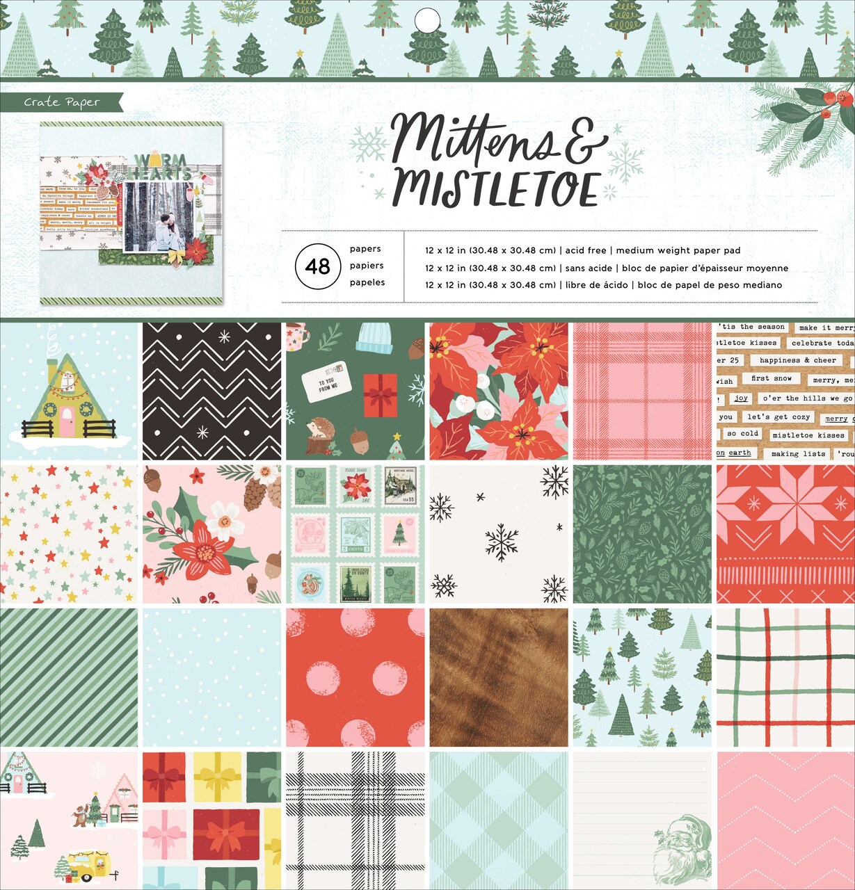 Crate Paper Single-Sided Paper Pad 12"X12" 48/Pkg-Mittens & Mistletoe